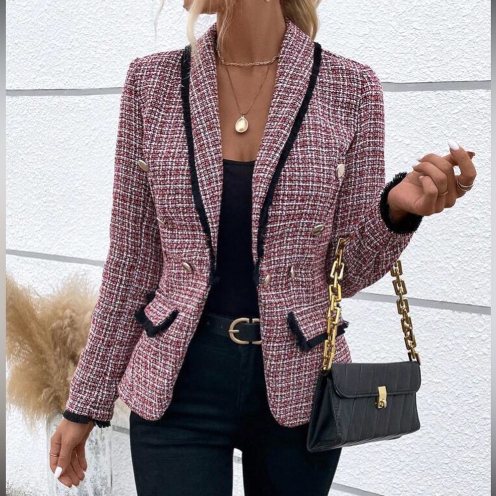 Luxe Plaid Tweed Button Down  Blazer Jacket Coat - Picture 13 of 15